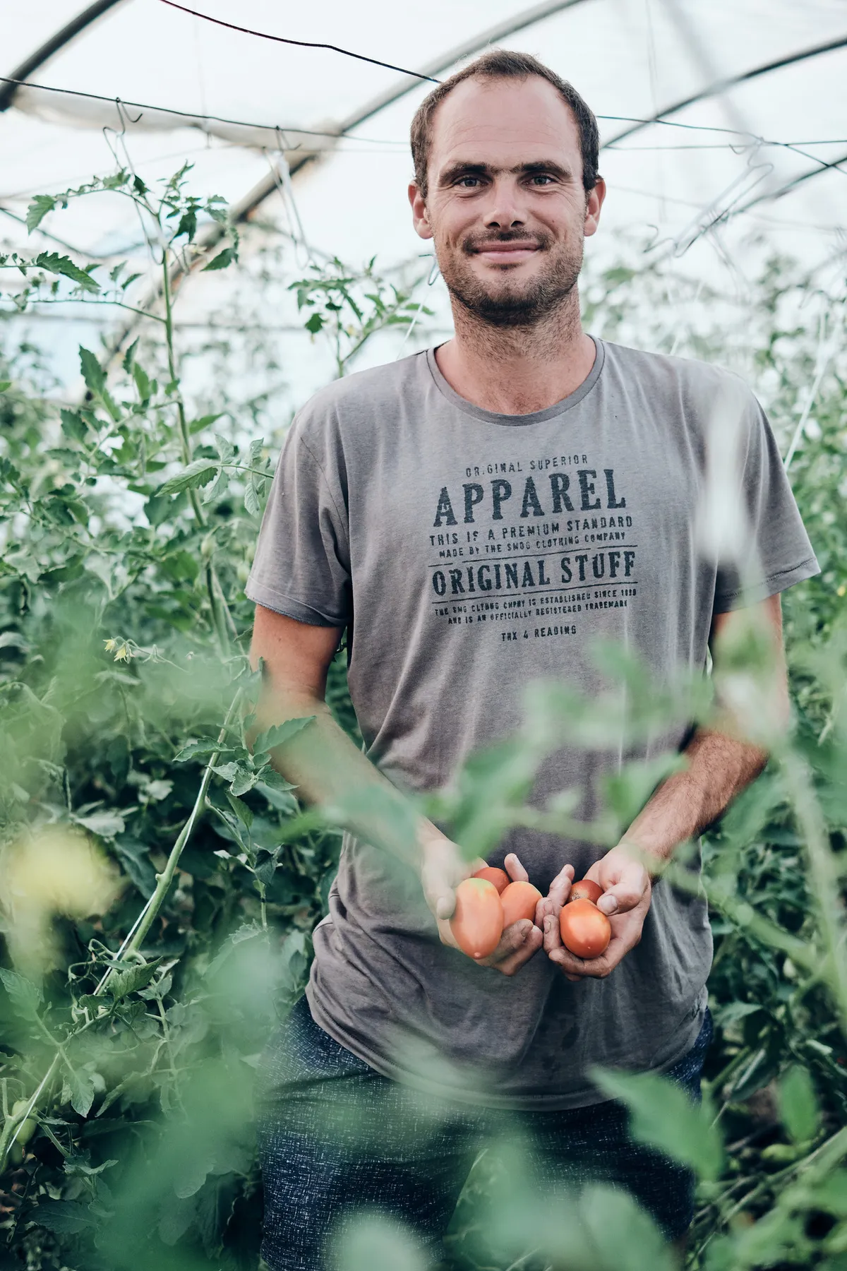 Landwirt im Folientunnel des Biohofs ADAMAH, frisch geerntete Tomaten in den Händen